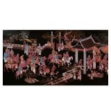CONTEMPORARY LACQUER DECORATED PANEL | Showing figures engaged in various activities - w. 71 x h. 35