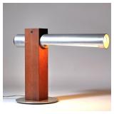 CONTEMPORARY DESK LAMP | Aluminum and oak with rheostat switch, having an Underwriter