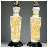 PAIR MID-CENTURY LAMPS | Mid-century pottery vases with mustard yellow hand-painted decoration of ph
