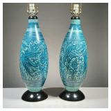 PAIR MID-CENTURY POTTERY LAMPS | Ovoid vases with mottled blue glaze and hand-painted decoration wit