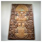 CENTRAL/ SOUTH AMERICAN PRESSED COPPER PANEL | Showing Mayan devices with applied blue and gold pain