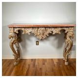 MARBLE TOP HALL TABLE | Italian Rococo Hall/console table with a variegated marble top resting on fo
