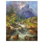 GEORG GEYER (1823-1912) | Mountain Landscape with River. Oil on board. 25.5 x 19 in., board. Signed 