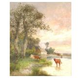 GEORG FISCHHOF (1859-1914) | Cows grazing beside a pond. Oil on board. 12.5 x 10 in. board. Signed l