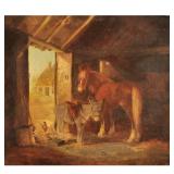 ENGLISH SCHOOL (19TH CENTURY) | Interior barn scene. Oil on canvas. 17.25 x 20 in. Showing a horse a