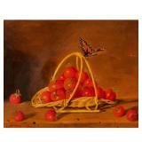 SONDRA LIPTON (20TH CENTURY) | Still life with tomatoes and butterfly. Oil on board with lacquer. 4.