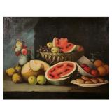 AMERICAN SCHOOL PRIMITIVE STILL LIFE (19TH CENTURY) | Tabletop still life with watermelons, fruits, 