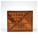 CHINESE PARQUETRY & JADE BOX | Intricately inlaid marquetry in various patterns with contrasting woo