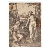 LUCAS VAN LEYDEN (1494-1533) | Etching of two figures, dated 1529 with backwards "L" upper center - 