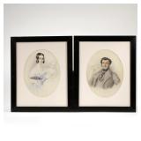 (2pc) NOEL CARTER (19TH CENTURY) | Portrait of husband and wife with baby. Mixed media on paper. Mal