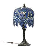 TIFFANY STYLE-STAINED GLASS LAMP | Blue stained-glass shade shaped like a willow tree, with cast bro