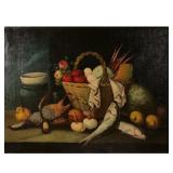 PRIMITIVE STILL LIFE | Tabletop still life with fruit and game. Oil on canvas. No apparent signature