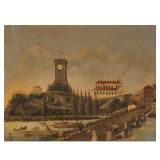 EUROPEAN PRIMITIVE TOWNSCAPE | 19th-century townscape with bridge. Oil on tin panel. No apparent sig