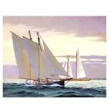 BEN NEILL (1914-2001) | Passing Fisherman. Oil on Masonite. 12 x 16 in. Showing two schooners before