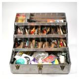 FISHING TACKLE BOX | A My Buddy aluminum tackle box with tiered fold-out shelving, containing variou