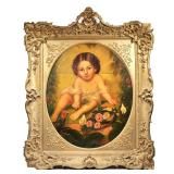 19TH CENTURY PAINTING OF A BABY IN TONDO | Showing a young girl in robes beside a hat with flowers O