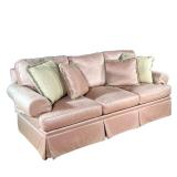 HENREDON 3 CUSHION SOFA | Light pink sofa with diamond stitch pattern and pink champagne throw pillo