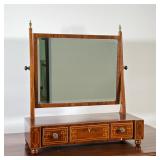 INLAID MAHOGANY DRESSING MIRROR | Beveled glass mirror in wood veneer frame with barber pole inlay o
