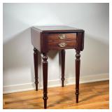ANTIQUE DROP LEAF SIDE TABLE | Small drop leaf side table with 2 small drawers with brass bulls over