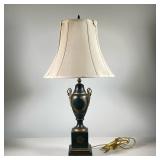 COMPOSITION LOUIS XVI STYLE LAMP | Composition lamp with pleated shade leading to urn with wreath de