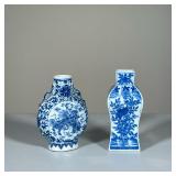 CHINESE BLUE & WHITE PORCELAIN | Including a small moon flask, and a square tapering vase. - h. 6.5 