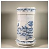 DELFT UMBRELLA HOLDER | Octagonal ceramic umbrella holder depicting farmers on horse-drawn wagon in 