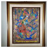 MIXED MEDIA ETHNOGRAPHIC PAINTING | 23.5 x 17.5 in., sight. Mixed media on paper. Showing birds and 