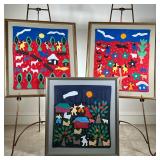 (3PC) COLOMBIAN APPLIQUÉ PANELS | Showing animals, figures, farmhouses, and landscapes. - w. 21 x h.