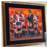 AFRICAN PAINTING | Showing men and women dressed in traditional African garb, signed and dated upper