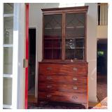 GEORGIAN MAHOGANY SECRETARY BOOKCASE | Circa 1770, flame mahogany with line inlay. Double glazed cab