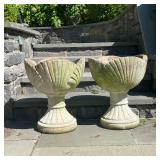 (2PC) PAIR SEASHELL URN PLANTERS | Large concrete planters with pedestal style base and seashell pot