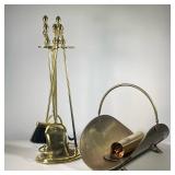BRASS FIREPLACE TOOLS | Including; poker, shovel, broom, grabber, match container and brass log hold