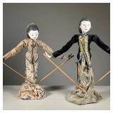 (2PC) INDONESIAN PAINTED WOOD & FABRIC PUPPETS | Each depicting a lady in a long skirt, appliqued ja