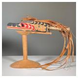 ALEX SWIFTWATER MCCARTY CARVED WOOD RAVEN RATTLE | Carved ravens head with abalone-inset eyes and si