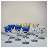 (10PC) COLORED GLASS FARBER BROS WINE GLASSES | Including: 4 blue glass, 4 amber glass, and 2 clear 