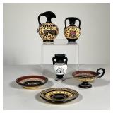 (6PC) GREEK POTTERY | Copies of ancient Greek pottery, including a picture, two urns, a candle holde
