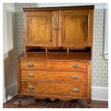 MAHOGANY HUTCH WITH FLIP TOP | Wide mahogany hutch with 3 shelf top cupboard, open middle shelf lead