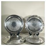 (4PC) ROUND SILVER PLATE DISHES | Four large silver trays; One with personal engraving, One with Ams