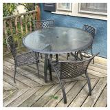 (5PC) BROWN JORDAN PATIO SET | Including a round glass top table, 4 aluminum and woven outdoor chair