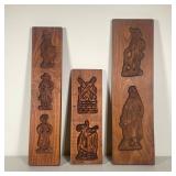 (3PC) WOODEN COOKIE MOLDS | Hollow relief antique cookie molds made of carved wood, showing figures 