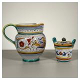 (2PC) ITALIAN FAIENCE POTTERY | Including a capri mustard jar and an open pitcher. - l. 8 x h. 7 in 