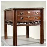 GLASS TOP MAHOGANY SIDE TABLE | Glass top table with inlay mahogany top, 1 full width drawer and bra