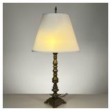 BRASS TRIANGULAR TABLE LAMP | Turned brass lamp with triangular base. - h. 24 in (Overall with shade