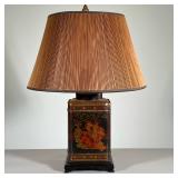 CHINESE OIL TIN LAMP | Depicting women with an umbrella and a suitor with a fan. Attached to wooden 