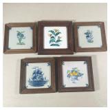 (5PC) DECORATIVE FRAMED TILES | Including various floral designs, 3-masted ship, and fruit bowl. - l