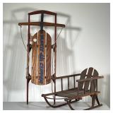 (2PC) ANTIQUE INFANT & TODDLER SLEDS | Including; baby sled with slatted wood back, spindle railings
