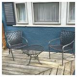 (3PC) BROWN JORDAN PATIO SET | Small outdoor patio set including 2 aluminum and woven arm chairs and