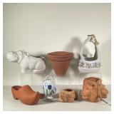 (8PC) MISC. TERRACOTTA & CERAMIC PLANTERS | Including; 3 sided lion hanging planter, turtle, clog, h