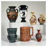 (7PC) GREEK POTTERY | Sculpted and painted pottery pieces, replicas of ancient designs. - h. 5.75 x 