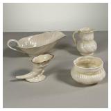 (4PC) BELLEEK & LENOX | Including a Belleek creamer and open sugar, and a Lenox gravy boat and cornu